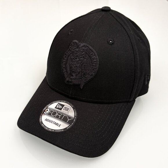 New Era Boston Celtics 9FORTY Black On Black Strapback Adjustable Hat OSFM NWT - Picture 1 of 8